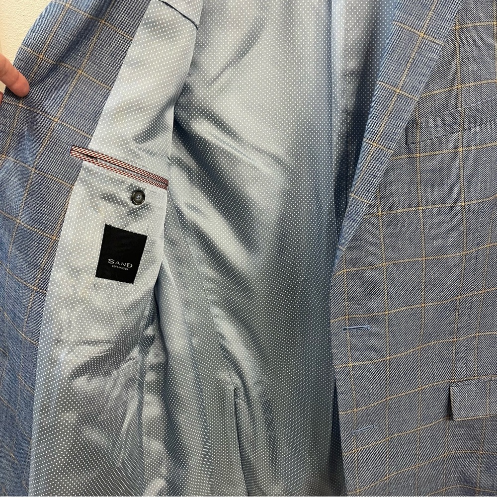 SAND Blazer Sz 46US Angelico Wool Linen Blue Windowpane Plaid Sport Coat - Picture 9 of 11